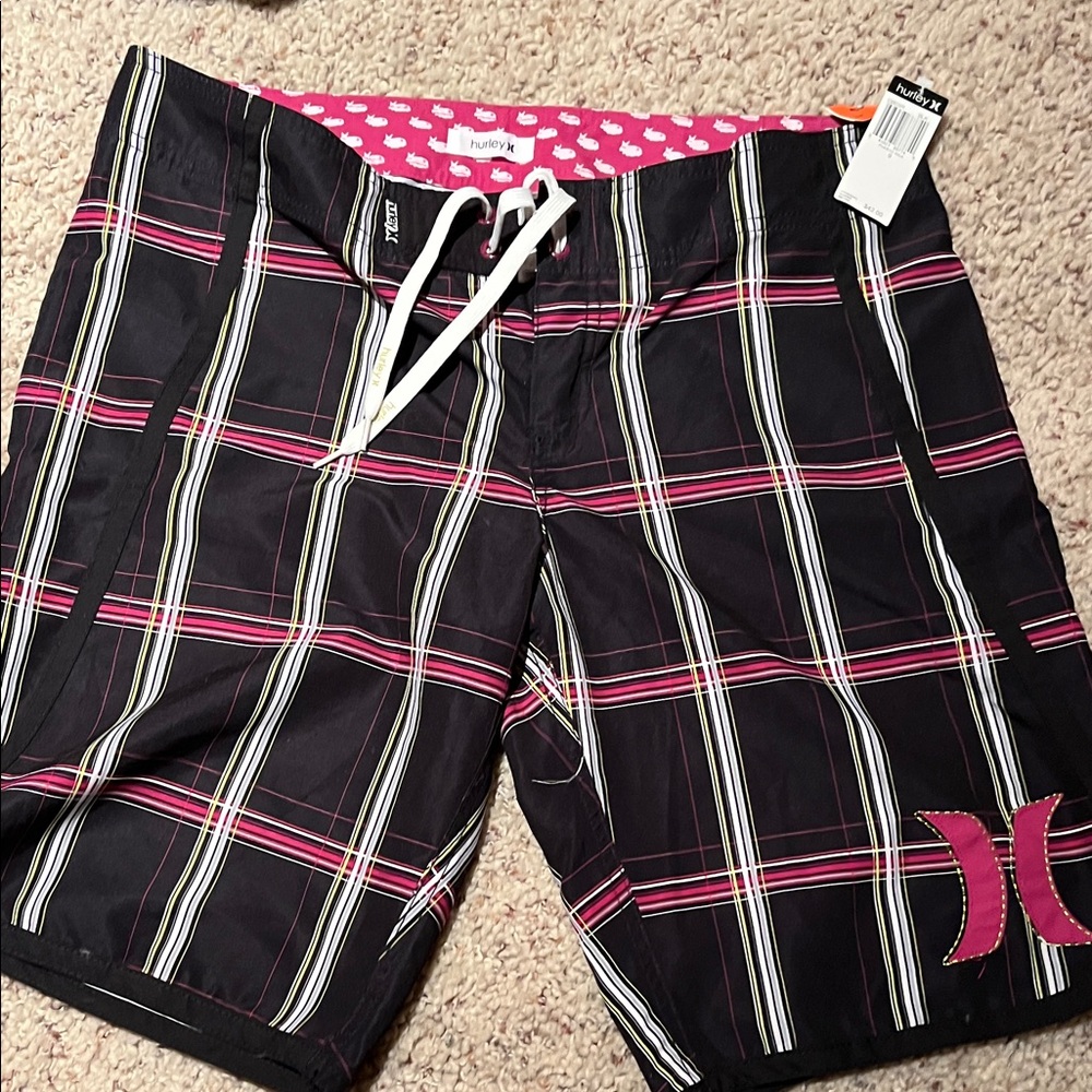 Hurley Women's Plaid Shorts in Black and Pink